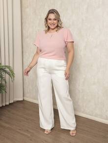 ONLYONE - PLUS SIZE WOMEN'S BLOUSE, SHORT SLEEVE, PRINCESS, PLEATES, LIGHT DUNES NECKLINE - ELEGANT WOMEN'S BLOUSES, LARGE - 淡粉紅色 - 查看 6