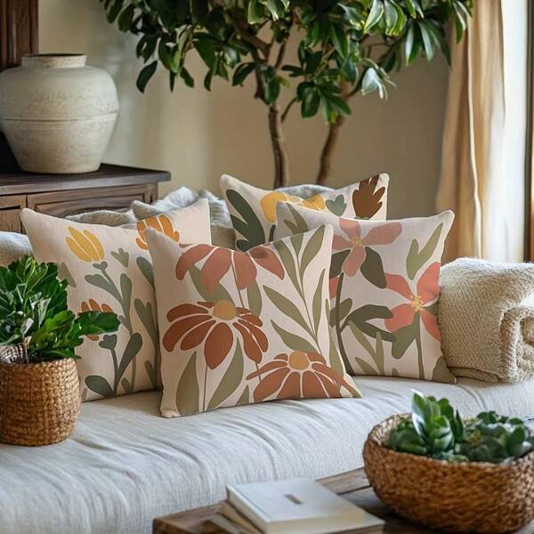 Pacote com 4 capas de almofadas florais em aquarela boêmia de 45 x 45 cm, estampa de um lado, zíper oculto e lavável à máquina, decoração para sofá/cadeira/carro/escritório, sem enchimento