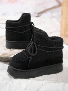 Damskie, modne na zimę 2025, brytyjskie, platformowe, rekreacyjne śniegowce z okrągłym noskiem. Cholewka wykonana z imitacji futra, a wnętrze z wełny jagnięcej. Kolor czarny, beżowy i karmelowy zapewnia ciepło i wygodę. Damskie, wysokiej klasy, lekkie, antypoślizgowe buty robocze do pracy na świeżym powietrzu. Damskie, sznurowane buty do domu, które utrzymują ciepło. Damskie, smukłe, uniwersalne, podwyższone śniegowce dla studentek na Halloween. Świąteczne, czarne buty Uggs.