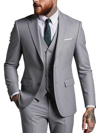 Men Slim Business Casual Suits Dress Three Pieces Set Jacket Pants Vest Male Wedding Groom Wedding Blazer Coat Trousers Waistcoat High-Quality Professional Commuting Suit Sets