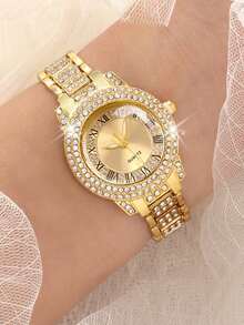 1pc Fashionable Luxury Full Crystal Rhinestone Round Dial Ladies Quartz Watch, Multi-Function Steel Strap, Suitable For Holidays, Parties, Weddings, Back To School, Christmas, Thanksgiving, Halloween, Easter And Other Occasions As Gift - Gold - View 6