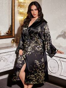 1件加大码女士印花缎面睡袍，V领长袖宽松浴袍，和服式系腰长款家居服，丝滑面料，可机洗，适合居家穿着