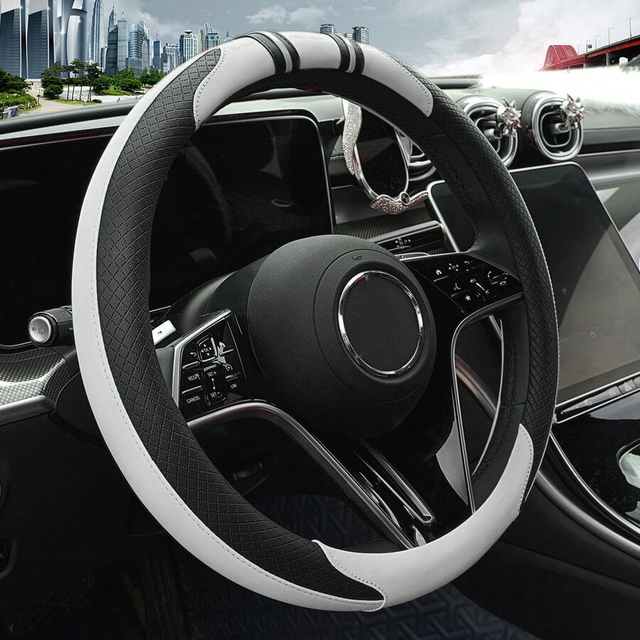 Split-Color Steering Wheel Cover - Carbon Fiber Pattern PU Leather With Inner Circle, Comfortable Grip, Anti-Slip Durable Fit For All-Season Use, Easy To Clean, Vehicle Interior Upgrade, Stylish Car Accessory