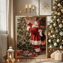 1 pièce, canevas murale, Décoration murale de Noël encadrée, Décoration vintage du Père Noël, Peinture d'arbre de Noël, Père Noël portant des cadeaux, Art de Noël, Affiche de Noël d'hiver, Peinture à l'huile de Noël vintage, Art des fêtes, Peinture à l'huile de style campagnard, Ornements de Noël