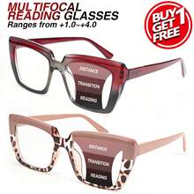 2pcs Progressive Multifocal Reading Glasses With Comfortable Spring Hinges, Printed Design, Retro Elegant For Women Daily Wear - Red to Black + Half Pink - View 1