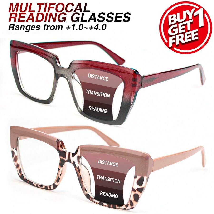 2pcs Progressive Multifocal Reading Glasses With Comfortable Spring Hinges, Printed Design, Retro Elegant For Women Daily Wear - Red to Black + Half Pink - View 1