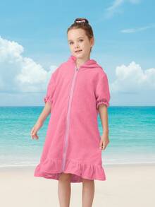 1 pieza Cubre de natación con capucha y cremallera para niñas, con mangas abullonadas y falda, disponible en múltiples edades, de tela absorbente tipo toalla, adecuado para niños pequeños y niños, excelente para el hogar, la natación y el baño - Rosa - Ver 9
