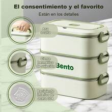Bentobox Acero Inoxidable 304 para Estudiantes - Doble/Triple Capa, Sellado Hermético Anti-Fuga, Compartimentos Divididos, Apto para Calentar en Microondas, Caja de Almuerzo y Conservación Alimentos - verde-3N - Ver 4