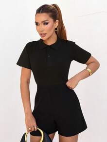 Women's Polo Neck Blouse Cotton T-Shirt Short Sleeve Casual Elegant Office - 黑色 - 查看 3
