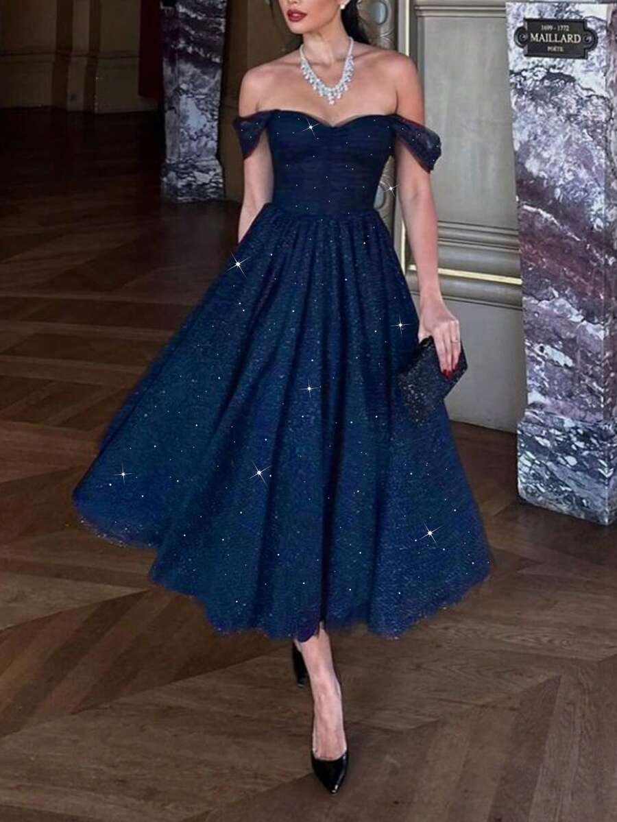 浪漫假日公主腰喇叭圣诞闪亮派对礼服，女士舞会礼服 - 藏蓝色 - 查看 1