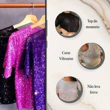 Women's Shiny Sequin Cropped T-Shirt Blouse Party Fashion - 黑色配銀色 - 查看 4