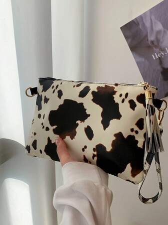 Nuevo bolso de embrague de sobre de PU vintage, con estampado de leopardo y vaca con decoración de borlas, adecuado para viajes, compras, citas, regalo para mujeres, apto para adolescentes, chicas universitarias y damas de oficina, adecuado para oficina, escuela, trabajo, negocios, transporte, exterior, viajes, salidas