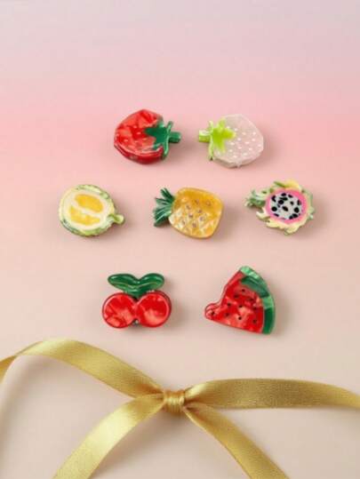 迷你可爱水果发夹，迷你侧刘海夹，小号草莓、樱桃、菠萝发饰，可爱奶油草莓醋酸纤维爪夹，水果卡通发夹，甜美鲨鱼小发夹