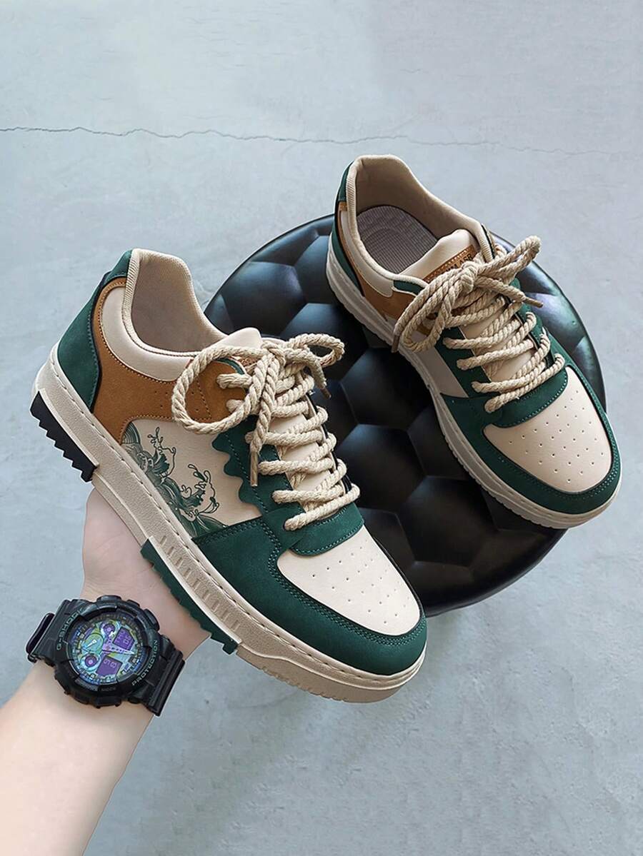 Men's Color Block Lace-up Front Skate Shoes, Men's Athletic Shoes - Green - View 1