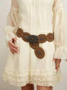 1 条棕色新款公牛波尔卡圆点街头 PU（聚氨酯）女士腰带，适合所有季节 - 黑色 - 查看 4