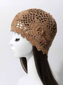 1pc Women's Spring/Summer Handmade Crochet Mesh Floral Hollow Out Vintage Elegant Breathable Thin Knit Cap, Handmade Knit Headband Beanie, Fashionable - 針織帽 - 查看 4