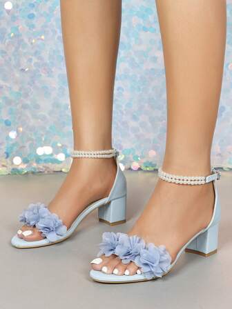 1 双时尚花卉装饰舒适高跟凉鞋，适合少女，适合派对、舞会、婚礼