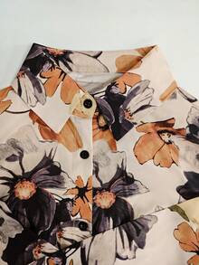 New Autumn Floral & Plant Print Elegant Casual Front Button Belted Dress, Suitable For Halloween, Christmas, Daily Wear, Vacation, Party, Date, Afternoon Tea, Holiday Occasions - Multicolor - View 5