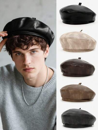 1pc Unisex Retro Distressed PU Beret Hat, Versatile Fashion Artist Cap Suitable For Autumn/Winter Outdoor Daily Wear, Great Gift