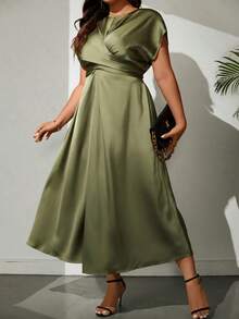 Plus Size Solid Color Tie-Up Horizontal Satin Dress, Elegant Women Clothing For Formal Events And Parties