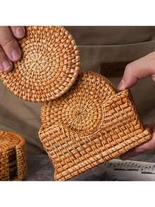 1pc Rattan Trivets For Hot Pots And Pans, Rattan Drink Coasters, Exotic Handmade Artisan Teapot Coasters, Creative Gift,Suitable For Halloween Holiday Coasters And Placemats, As Well As Christmas Kitchen Coasters And Placemats. - Brown - View 7