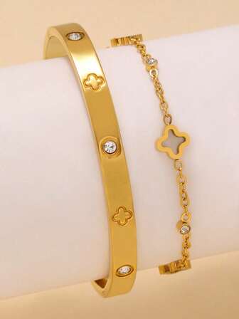 2pcs Vintage Elegant Stainless Steel Zirconia Flower Bracelet & Bangle Set, Suitable For Women's Daily Wear