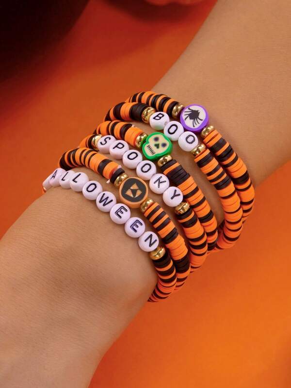 Zestaw 6 bransoletek na Halloween, czaszka i pająk z miękkiej gliny, układanki, odpowiednie na kostiumy na Halloween dla kobiet, do noszenia na co dzień, do pracy
