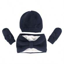 Baby Bow Beanie Fall Winter Toddler Knit Hat Scarf Glove Set Pompom Beanie Hat Fleece Neck Warmer