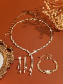 Modisches Schmuckset: Vollständig mit Strass-Zirkonia besetzte Halskette + Ohrringe + Armband, Hochzeitskleid Schmuck