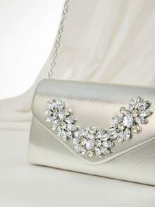 Vince 亮片手提包 1 件装晚宴手提包，饰有闪亮水钻搭扣 - PU 皮革小方包，可单肩、斜挎或手拿 - 适合派对、圣诞节、冬季，是圣诞礼物的理想之选 - 銀色 - 查看 2