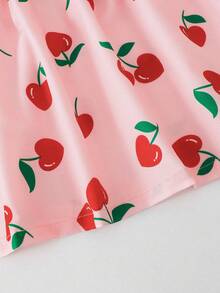2pcs/Set Cute Daily Heart & Cherry Print Contrast Color Bowknot Strap Ruffle Hem Plaid Dress And Hat, Suitable For Summer Party, Vacation - Baby Pink - View 8