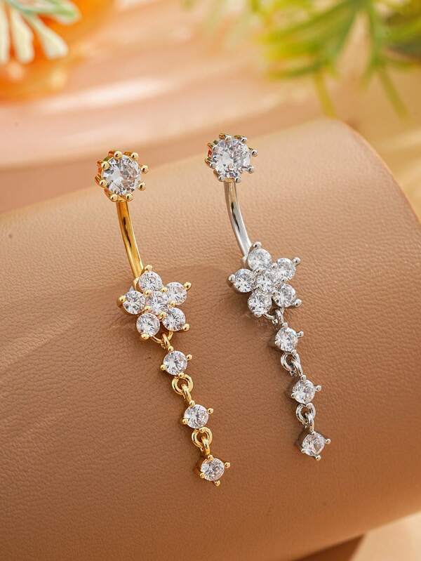 1pc Navel Ring With 4-Segment Snowflake Design, Stainless Steel Belly Button Piercing Jewelry, Sexy Long Body Piercing Accessory For Daily Wear