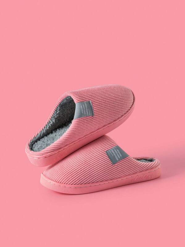 Unisex Solid Color Striped Warm Slippers, Comfortable Indoor Couple Plush Fleece House Slippers, Autumn/Winter