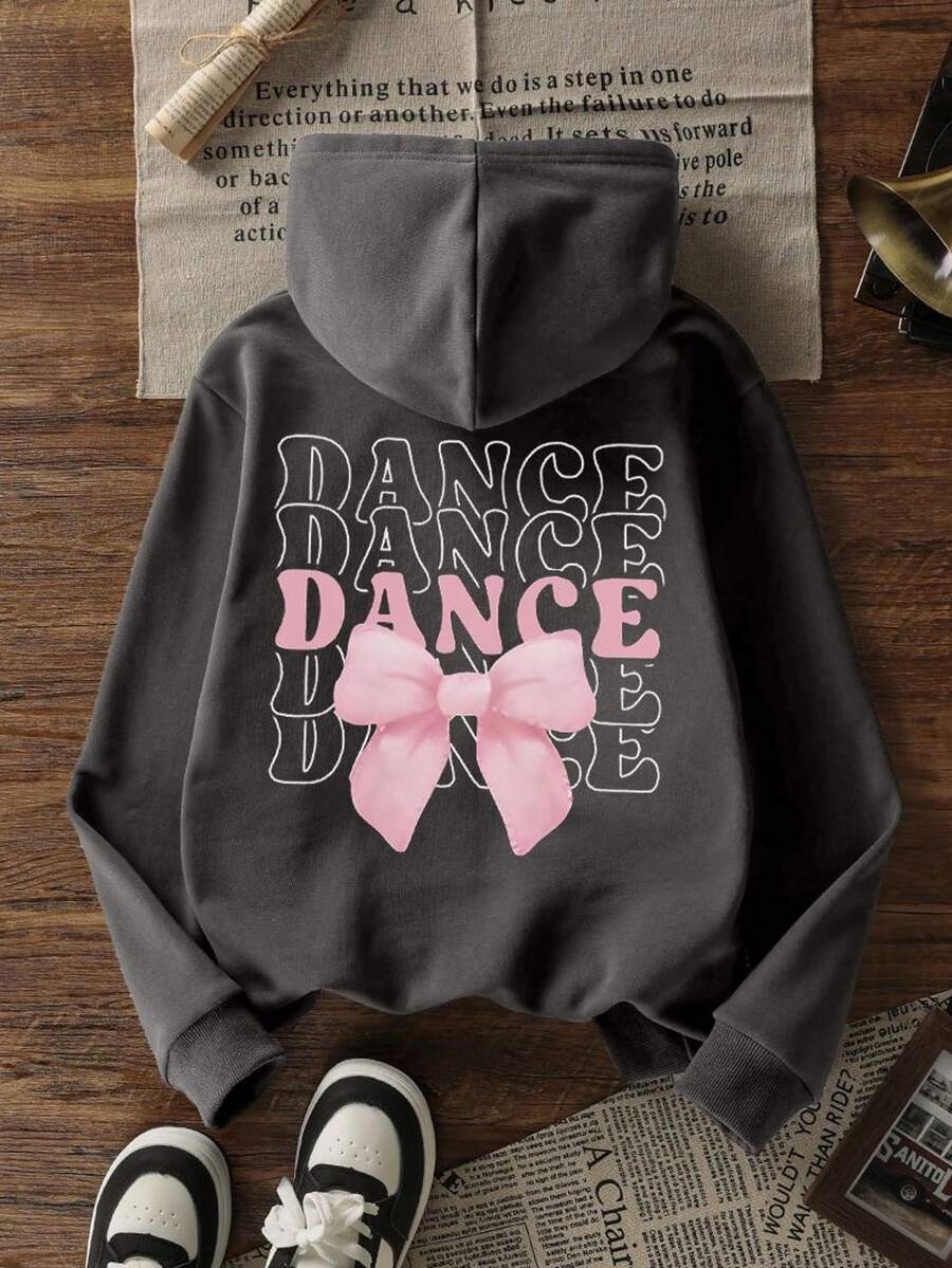 一件少女保暖内衬卫衣，带蝴蝶结和印花图案，适合年轻学生冬季穿着 - 深灰色 - 查看 1