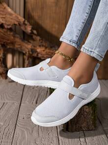 Women's Slip-On Mesh Shoes, Flat Heel, Casual Comfort Sneakers, Gray, Hook And Loop Closure, Soft Sole, Lightweight, Daily Wear, Autumn - Grey - View 7