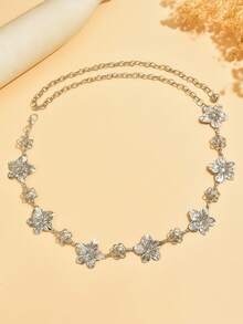 1pc Vintage Fashionable Unique Silver Metal Flower Decor Waist Chain, Bohemian High-End Versatile Dress Chain Waist Belt, Suitable For Women In Any Occasion - Silver - View 4