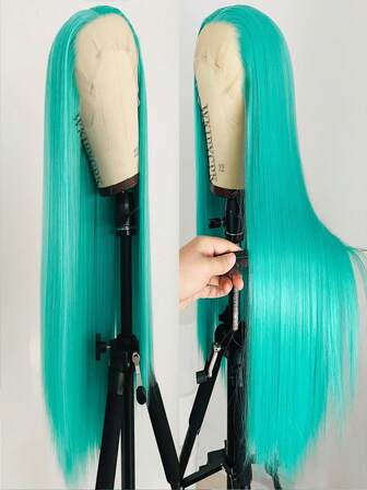 13x4 薄荷蓝色天然直发合成蕾丝前假发，高品质耐热纤维，女士全套假发，适合万圣节