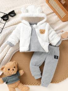 3pcs Set, Casual, Cute, Baby Boy Clothes, Toddler Autumn/Winter Outfit, Soft & Comfortable, Cartoon Bear Applique Embroidery Hooded Jacket, Fleece Crew Neck Top And Pants, Suitable For Daily, Holiday, Party, Outdoor