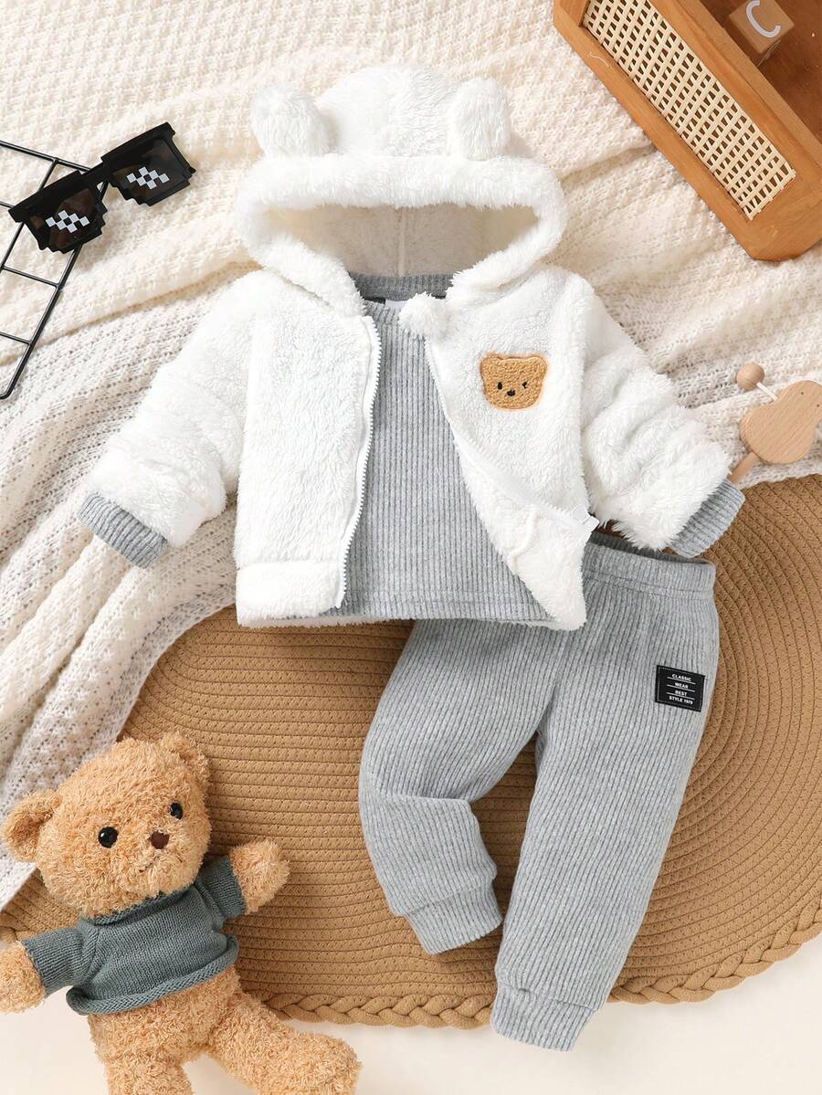 3pcs Set, Casual, Cute, Baby Boy Clothes, Toddler Autumn/Winter Outfit, Soft & Comfortable, Cartoon Bear Applique Embroidery Hooded Jacket, Fleece Crew Neck Top And Pants, Suitable For Daily, Holiday, Party, Outdoor