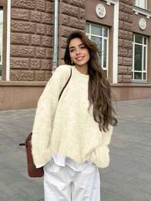 2026 Nuovo Maglione casual elegante da donna con spalle a goccia, collo a girocollo a costine, maniche lunghe, adatto per uso casual, top eleganti, concerti, streetwear, look da rientro a scuola - Albicocca - Visualizzare 2