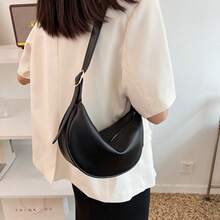 Versatile Fashion Casual Niche Design Minimalist Solid Color Zipper Shoulder Sling Saddle Bag, Large Capacity, Commuter Baguette Bag , Small Bags - Black - View 12