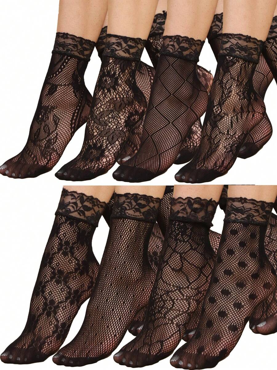 8 双女士蕾丝踝袜、镂空小腿袜、时尚性感中筒袜、内衬袜 - 黑色 - 查看 1