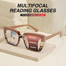 1 件超大渐进多焦点猫眼老花镜，配有舒适的弹簧铰链，豹纹设计，时尚眼镜