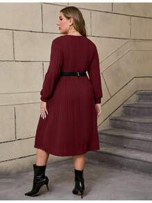 Women's Plus Size V-Neck Ribbed Dress With Removable BeltLong Sleeve A-Line Midi Dress - 酒紅色 - 查看 5