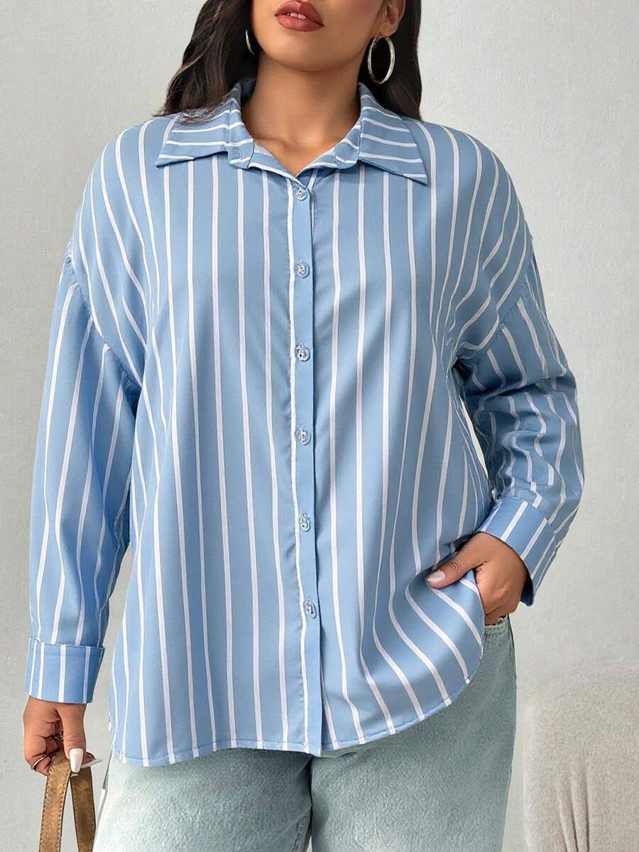 Blusa de mujer talla grande con cuello de camisa, tejido de rayas, mangas largas de hombros caídos y detalles de botones