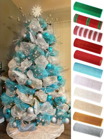 1Roll Blue Christmas Mesh Ribbon Festive Winter Wonderland Theme Christmas Tree Decorations Multicolors DIY Mesh Ribbon 10Yards Xmas Wreath Bow Flowers Garland Pink Christmas Decorations For Home 2025 Neol New Year Gifts Wrapping Supplies For Birthday Wedding Holiday Party Supplies