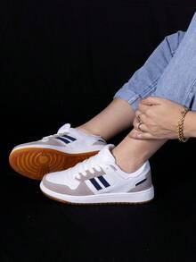 Women's Sneakers, Flat Sole, Gym, Navy Leather, Comfortable Fashion, Boutique, Premium Stripe, Original - 藍白色 - 查看 2