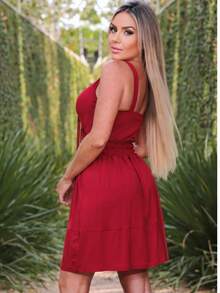 Vestido Curto Rodado Lastex Cintura - Vermelho - Visão 2