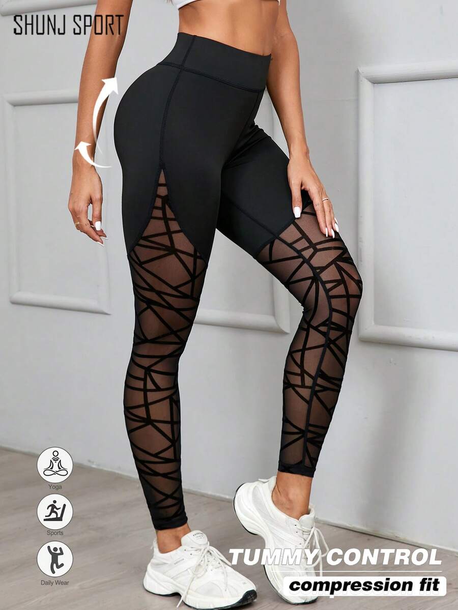 High Waist Geometric Mesh Patchwork Leggings, Slimming Yoga Fitness Workout Pants, Sexy Skinny Ankle Length Trousers