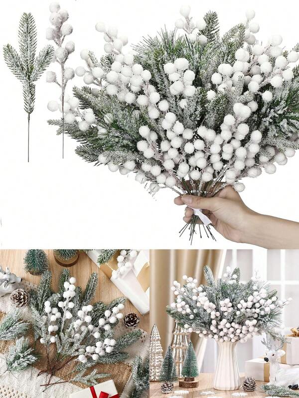 20pcs/10pcs-Christmas Snowy Pine Tree Picks Artificial Berry Stems Sprays Faux Cedar Pine Needles Branches For Holiday Arrangement Wreath DIY Garland Holiday Decor Winter Greenery (White)20pcs/10pcs11pc